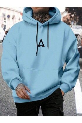 سويت شيرت بقلنسوة أزرق كبير الحجم مطبوع عليه مثلث