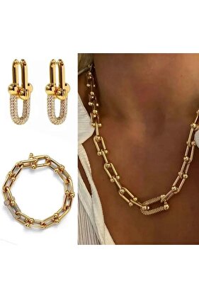 Brand Model Steel Necklace Earring Bracelet Set