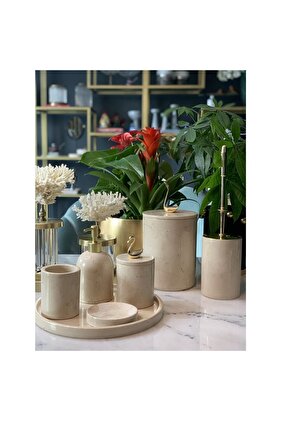 Mermer Bej Mermer 7li Kuğu Banyo Seti 7 Parça Bej