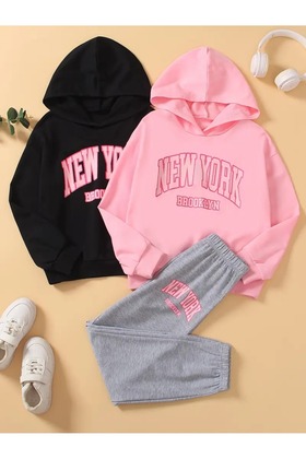 طقم بدلة رياضية بغطاء للرأس 3 خيوط مطبوعة باللون الوردي/الأسود/الرمادي من نيويورك - للنساء