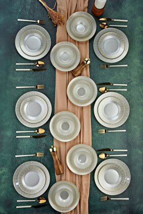 Neom Gold Decorated 24-Piece Glass Gold Cream Dining Set for 6 People, Set
