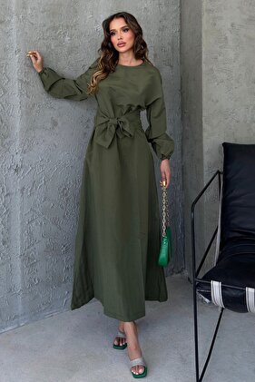 فستان نسائي كاكي - تصميم الخصر بحزام