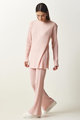Women's Powder Pink Corded Knitted Blouse Trousers Set