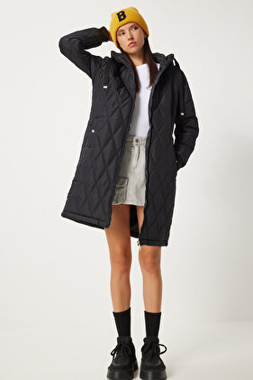 Női fekete kapucnis steppelt kabát DD00996