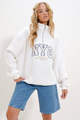 سترة نسائية بيضاء ياقة مرتفعة متوسطة الطول بسحاب أمامي مطرزة قصة فضفاضة 3 خيوط داخلية مبطن بالصوف nisex سويت شيرت Alc-X12502