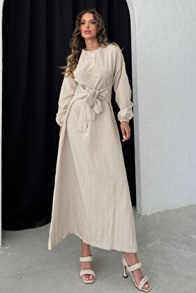 فستان نسائي بيج - تصميم الخصر بحزام
