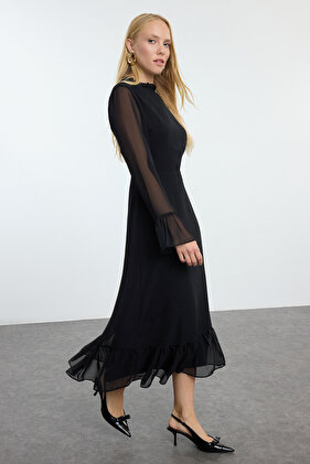 Black Chiffon Midi Dress - Animal Print, A-Line, Stand Collar, Lined - Winter Twoaw25El00173