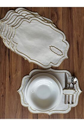 6 قطع من طبق التقديم الأمريكي المطرز باللون الذهبي المزدوج مع ملعقة