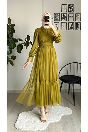 Green Tulle Detailed Hijab Dress