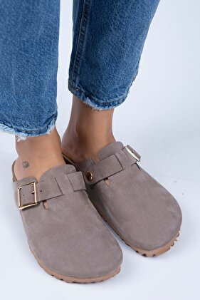 Zeta Kadın Hakiki Deri Kemerli Tokalı Vizon - Gold Terlik