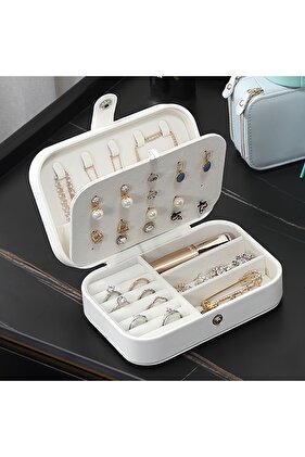 Lüx Dikdörtgen Takı Kutusu 3 Bölmeli Mücevher Düzenleyici Yüzük Küpe Kolye Seyahat Organizeri Beyaz