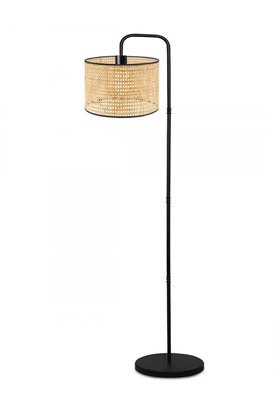 مصباح أرضي معدني أسود - عاكس الضوء البوهيمي من الخوص، قاعدة Hazeran