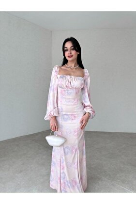 فستان ساتان مطبوع رقمي بأكمام طويلة