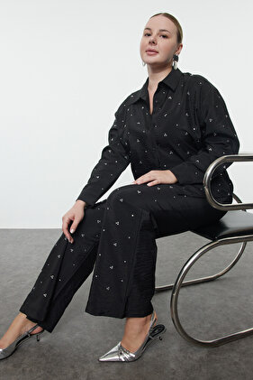 طقم قميص وبنطلون مطرز بالحجر الأسود لرأس السنة الجديدة بخصر مرن ونسيج منسوج TBBAW25CP00019