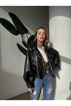 سترة جلدية سوداء كبيرة الحجم بأكمام بالون - موديل جديد