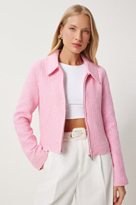 Pink Tweed Jacket - Shirt Collar, Zippered, Women - Wf00069