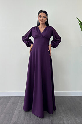 فستان سهرة من قماش الكريب بأكمام من التول - أرجواني باتليكان