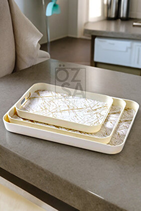 صينية ميلامين كريمية ذهبية منقوشة بالرخام - 3 قطع من أدوات المائدة المزخرفة للمطبخ والشاي والقهوة