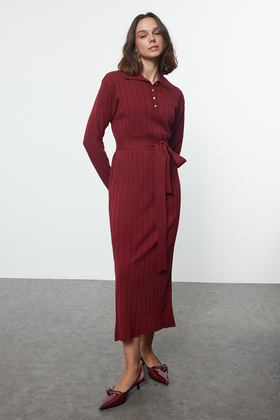 Burgundy Belted Buttoned Polo Neck Knitwear Ribbed Knitwear Dress Tctaw25Eb00026