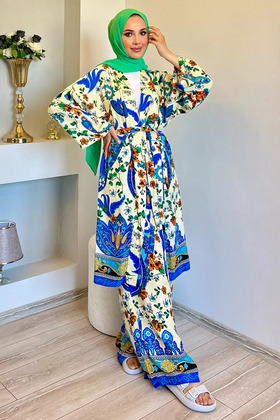 Cream Cobalt Patterned Hijab Viscose Kimono Double Set