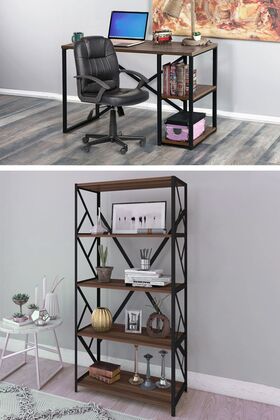 Bilgisayar Masası Ve 5 Raflı Metal Kitaplık Set Çalışma Masası Laptop Ofis Masası Ceviz
