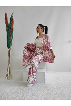 طقم كيمونو مزدوج منقوش باللون الوردي (قصة مريحة)