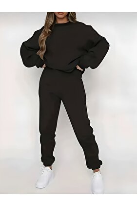 طقم بدلة رياضية سوداء بياقة دائرية للجنسين، طقم علوي وسفلي