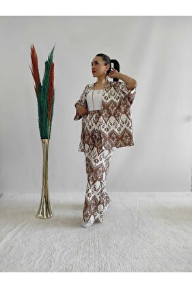 Brown Patterned Double Kimono Set (Comfortable Fit)