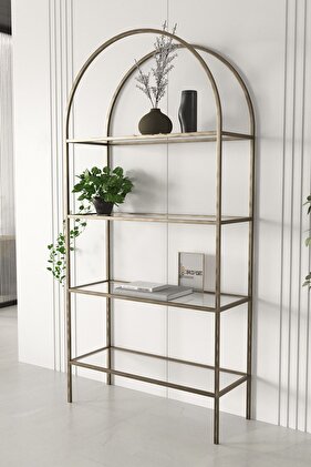 4 Raflı Camlı Kitaplık Prinç Eskitme Rengi Ayak Temperli Şeffaf Cam