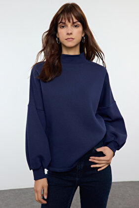 Navy Blue Oversize Fleece Knitted Sweatshirt - Half Turtleneck Twoaw25Sw00168