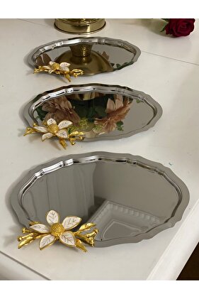 صينية تقديم بيضاوية كبيرة من الفولاذ الزهري من 3 قطع - 20*25 سم
