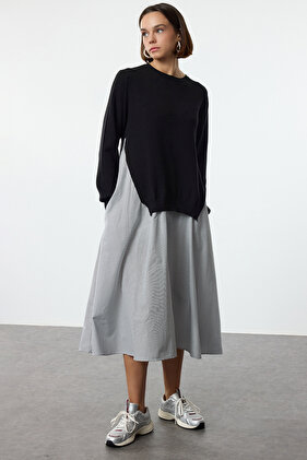 Black Striped Midi Dress with Knitwear Garnish - Straight Cut Twoaw25el00359