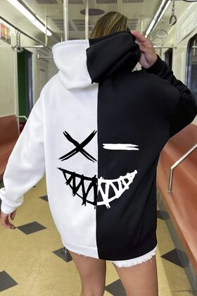 Unisex Cartoon Face Siyah Beyaz Hoodie