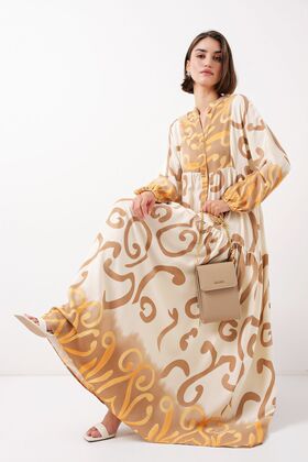 2423 موديل أصلي منقوش فستان أصفر فاتح