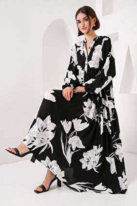 فستان منقوش بتصميم تقليدي بلون أسود موديل 2423