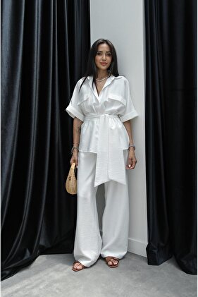طقم قميص وبنطلون - حزام أبيض