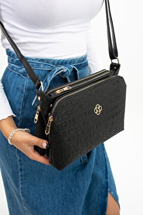 Three-Compartment, Water-Repellent, High-Quality Shoulder/Crossbody Bag with Black Text Print