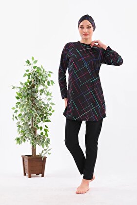 ملابس سباحة حجاب ليكرا منقوشة باللون الأسود - مغطاة بالكامل، خفيفة