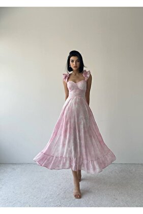 فستان نسائي صيفي مميز مزين بالزهور باللون الوردي والأبيض مزين بحزام مبطن من الشيفون متوسط الطول