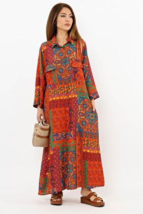 فستان نسائي صيفي طويل من Prive مصنوع من الفسكوز بنسبة 100% وياقة قميص أحمر وأزرار أمامية