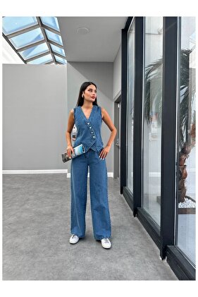 Denim Vest and Trousers Set - Blue