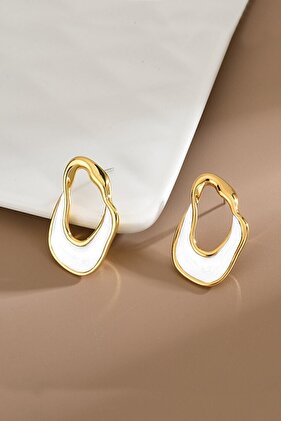 Asymmetric White Enameled Gold Color Earrings
