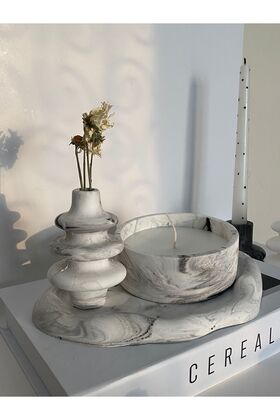 شمعة خرسانية معطرة بالفانيليا - طقم طبق مزخرف ومزهرية صغيرة