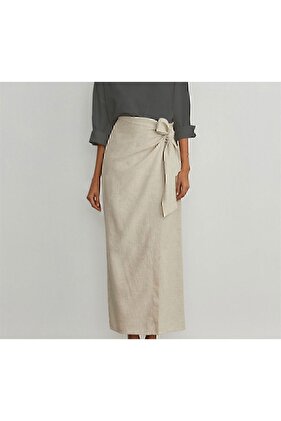 تنورة كتان - ربطة جانبية، لون كريمي