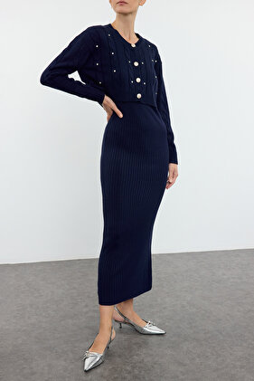 فستان طويل محبوك باللون الأزرق الداكن - تفاصيل حجرية، سترة صوفية TEDAW25EL00018