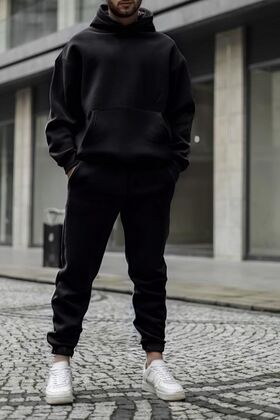 Férfi puha textúrájú, túlméretezett kapucnis tréningruha szett elasztikus lábakkal - alkalmi