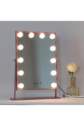 LOM2087 Hollywood Style 3 Renk Led Işıklı Makyaj Aynası Dokunmatik 360° Döner Metal Çerçeve - R.Gold