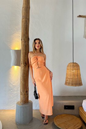 فستان طويل بتفاصيل نافذة برتقالية Ate4525