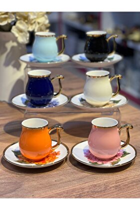 طقم فناجين قهوة تركية مكون من 6 قطع مع زهور وردية ذهبية اللون