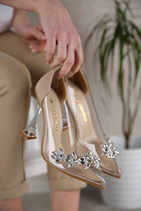 حذاء نسائي شفاف بكعب مرصع بالأحجار - جلد